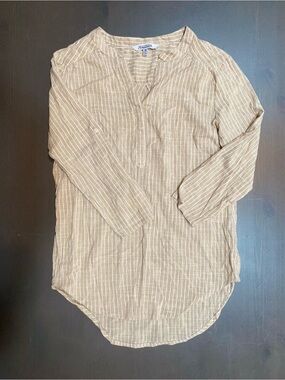New Direction Beige Striped V-Neck Viscose Cotton Linen Top Size M